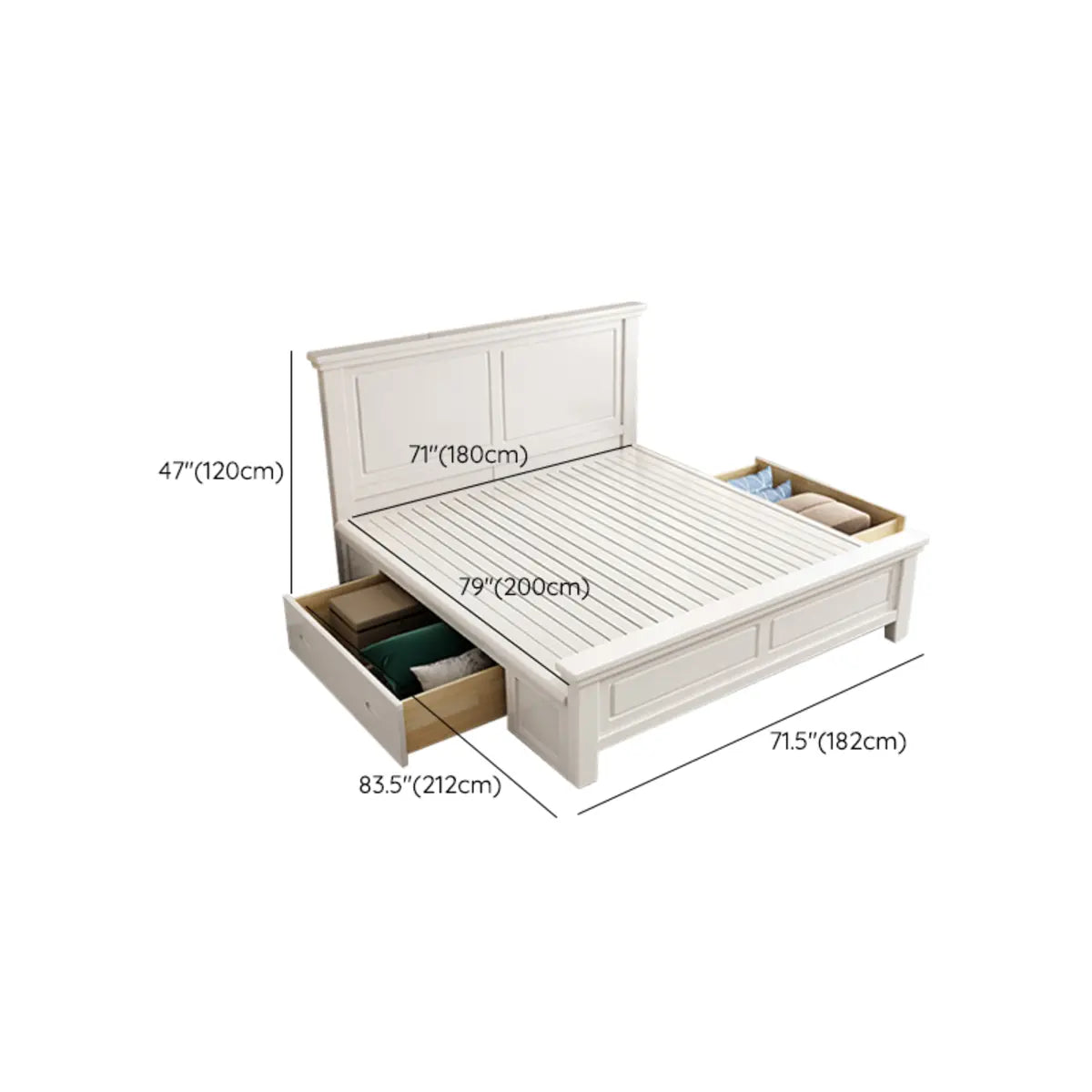 White Queen Headboard Solid Wood Storage Bed with Drawers Image - 20