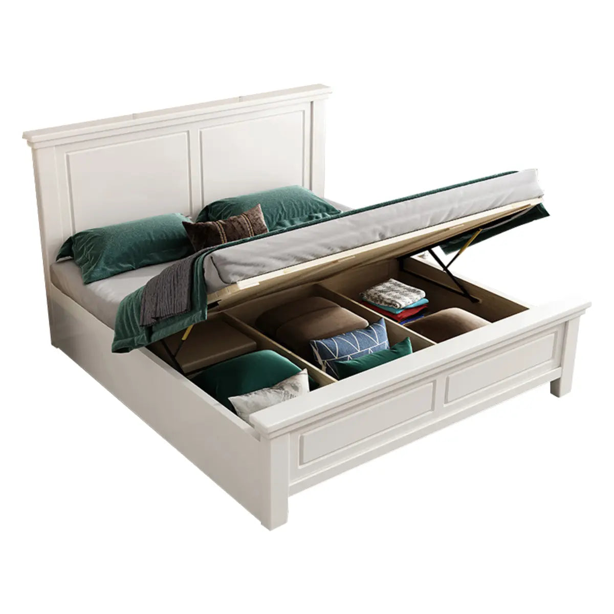 White Queen Headboard Solid Wood Storage Bed with Drawers Image - 3