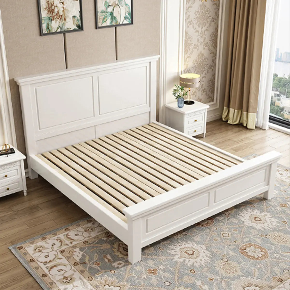 White Queen Headboard Solid Wood Storage Bed with Drawers Image - 4