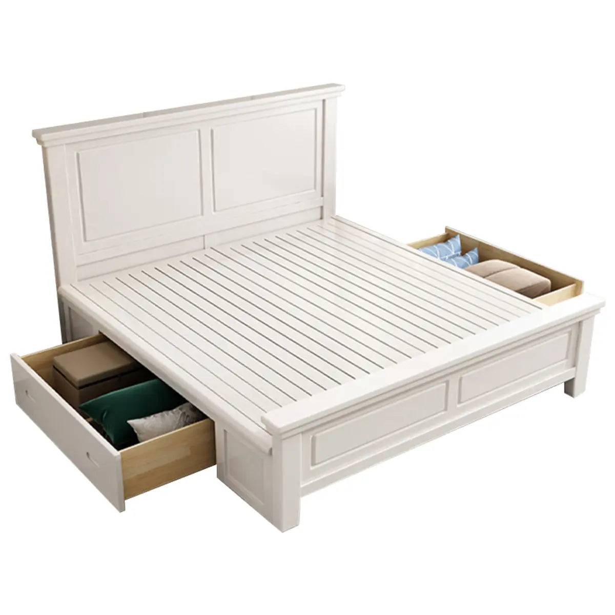 White Queen Headboard Solid Wood Storage Bed with Drawers Image - 5