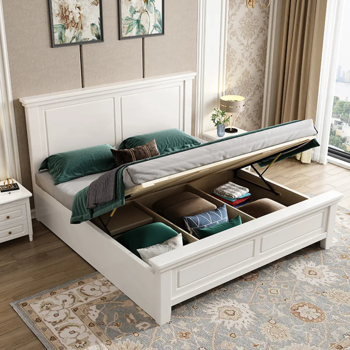 White Queen Headboard Solid Wood Storage Bed with Drawers Image - 6