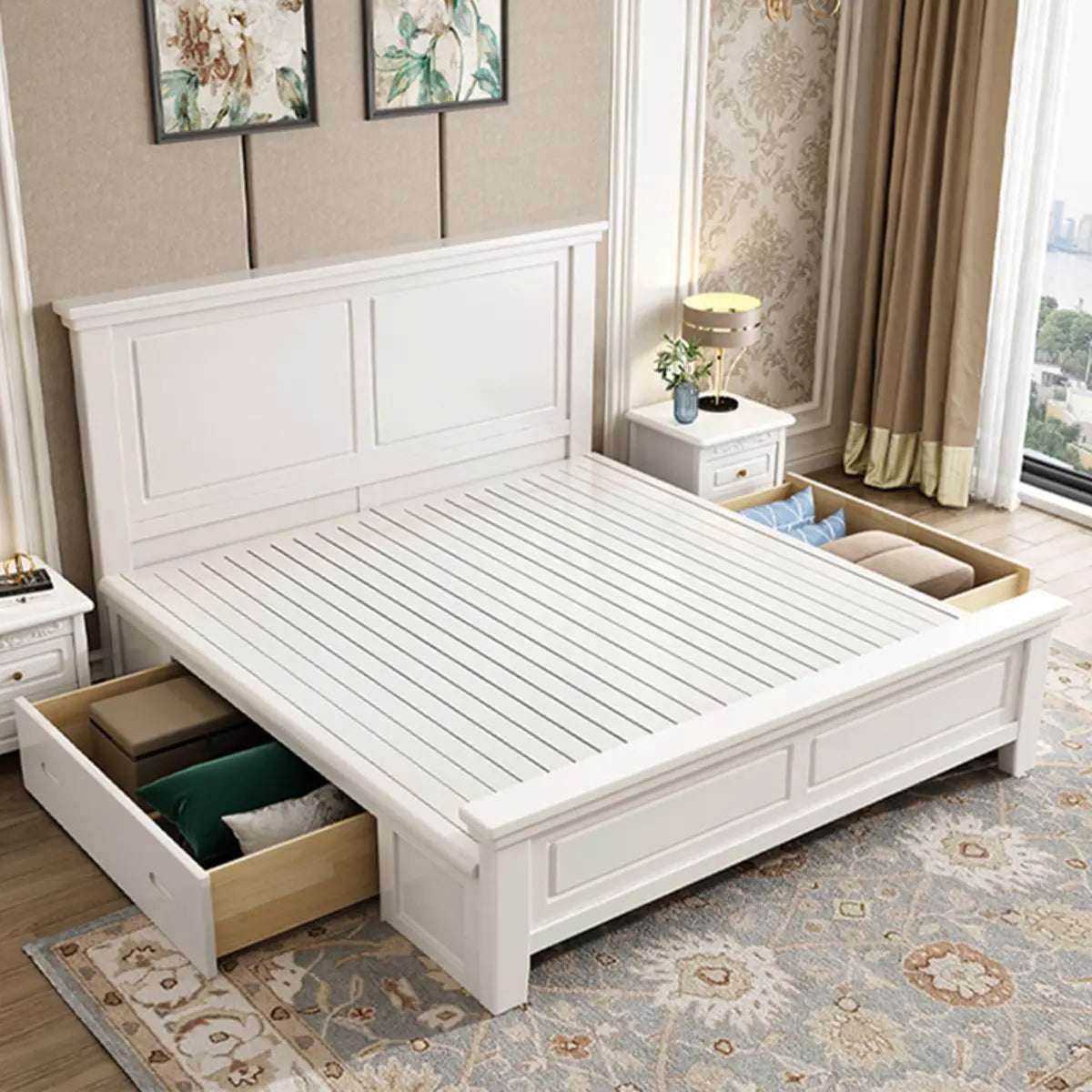 White Queen Headboard Solid Wood Storage Bed with Drawers Image - 7