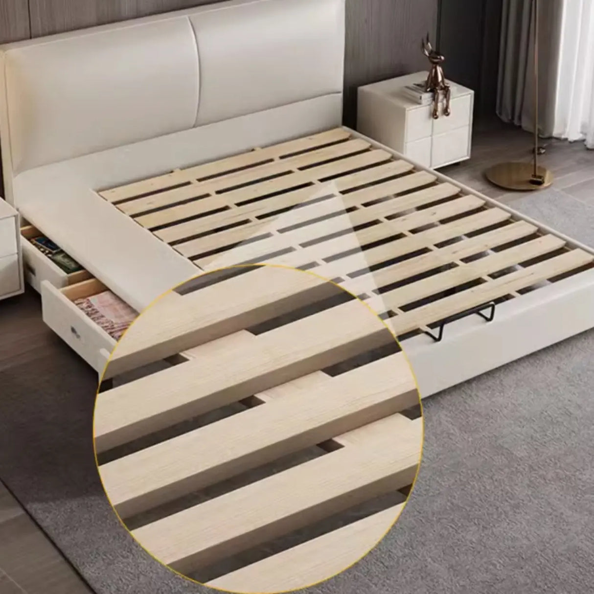 White Queen Leather Headboard Storage Bed with Drawers Image - 11
