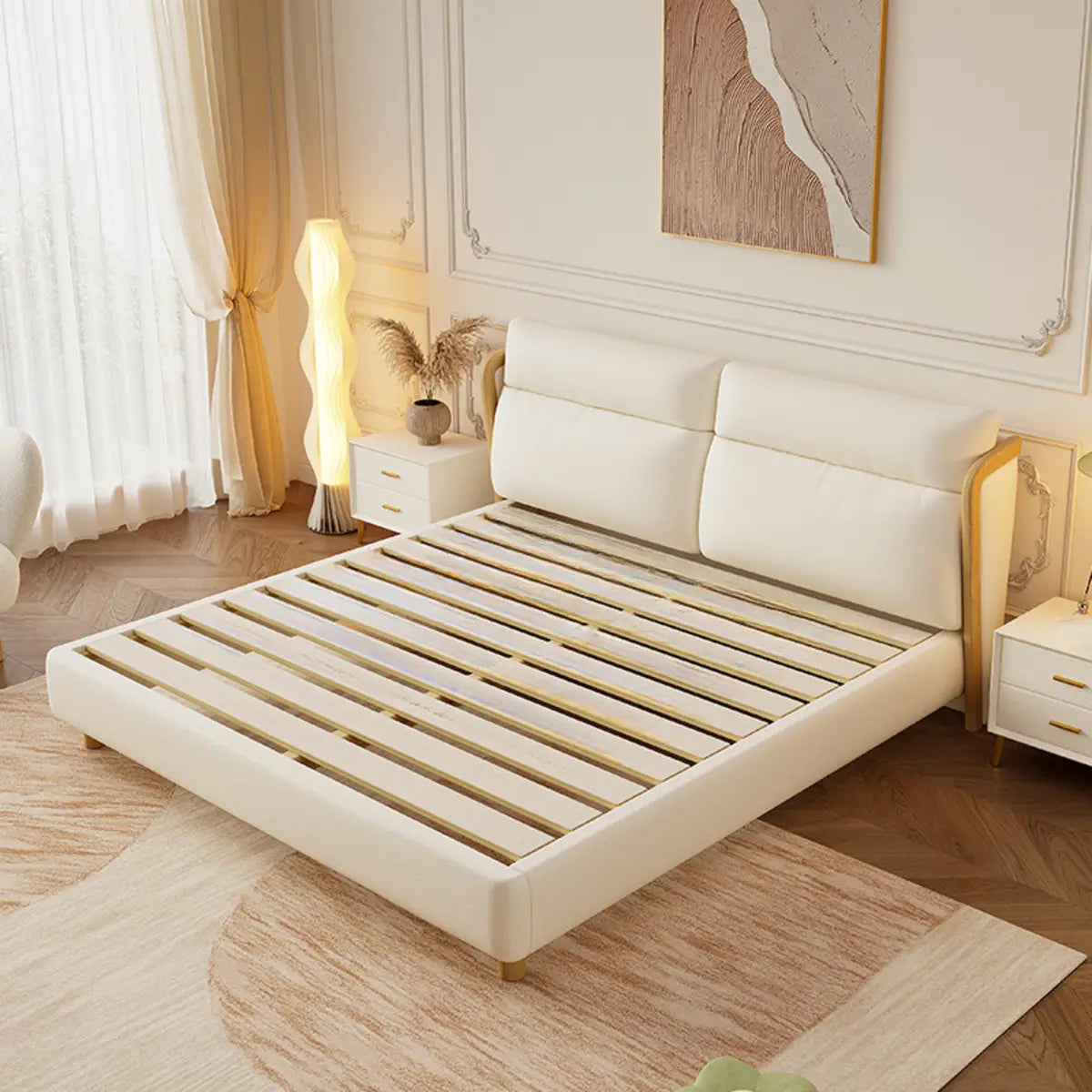 White Queen Modern Faux Leather Panel Bed with Headboard Image - 1
