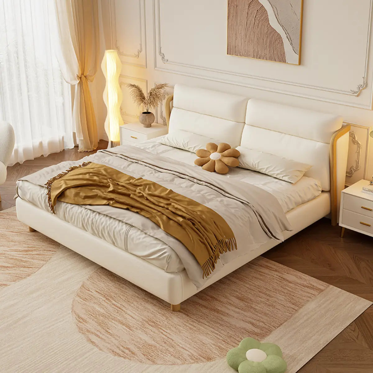 White Queen Modern Faux Leather Panel Bed with Headboard Image - 3