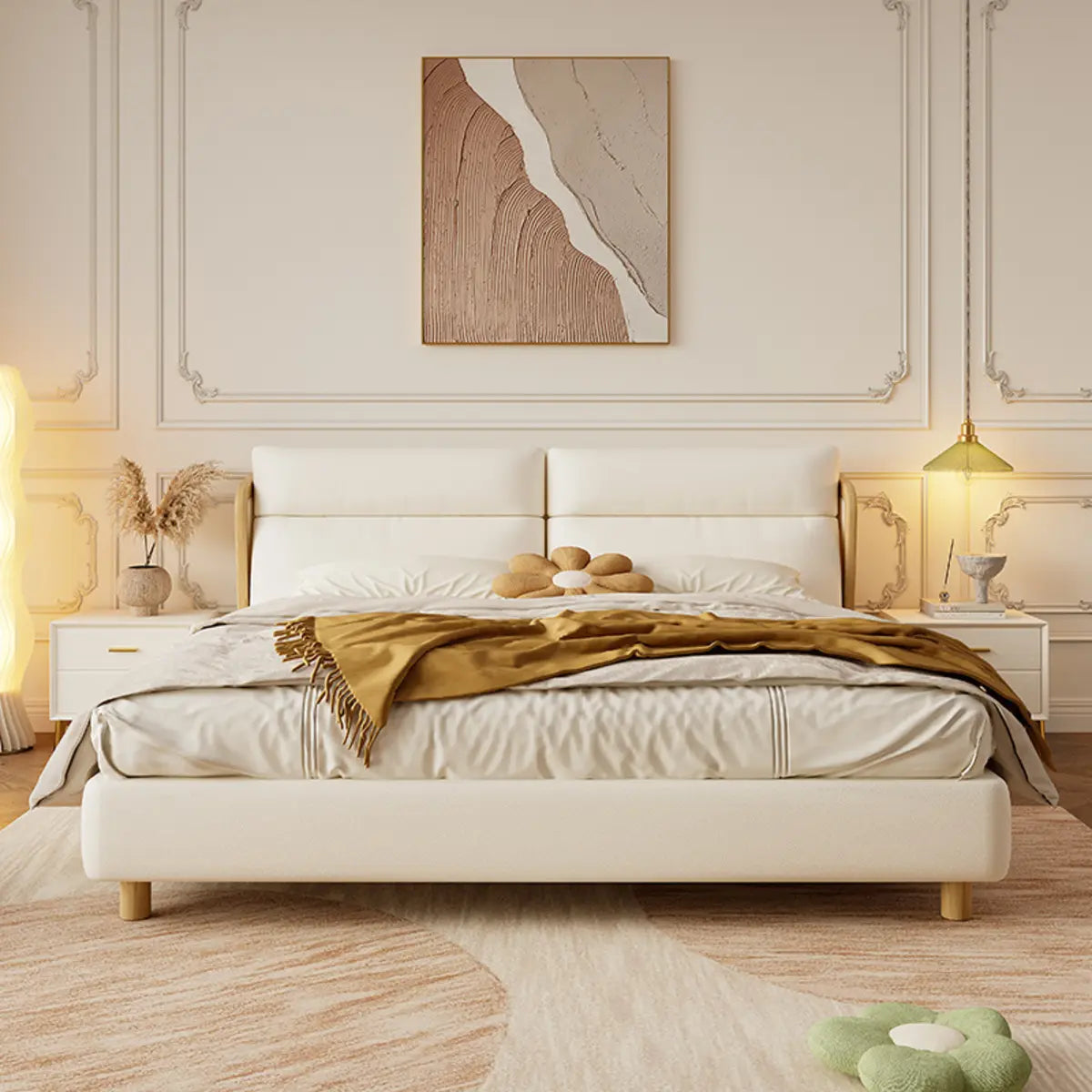 White Queen Modern Faux Leather Panel Bed with Headboard Image - 4