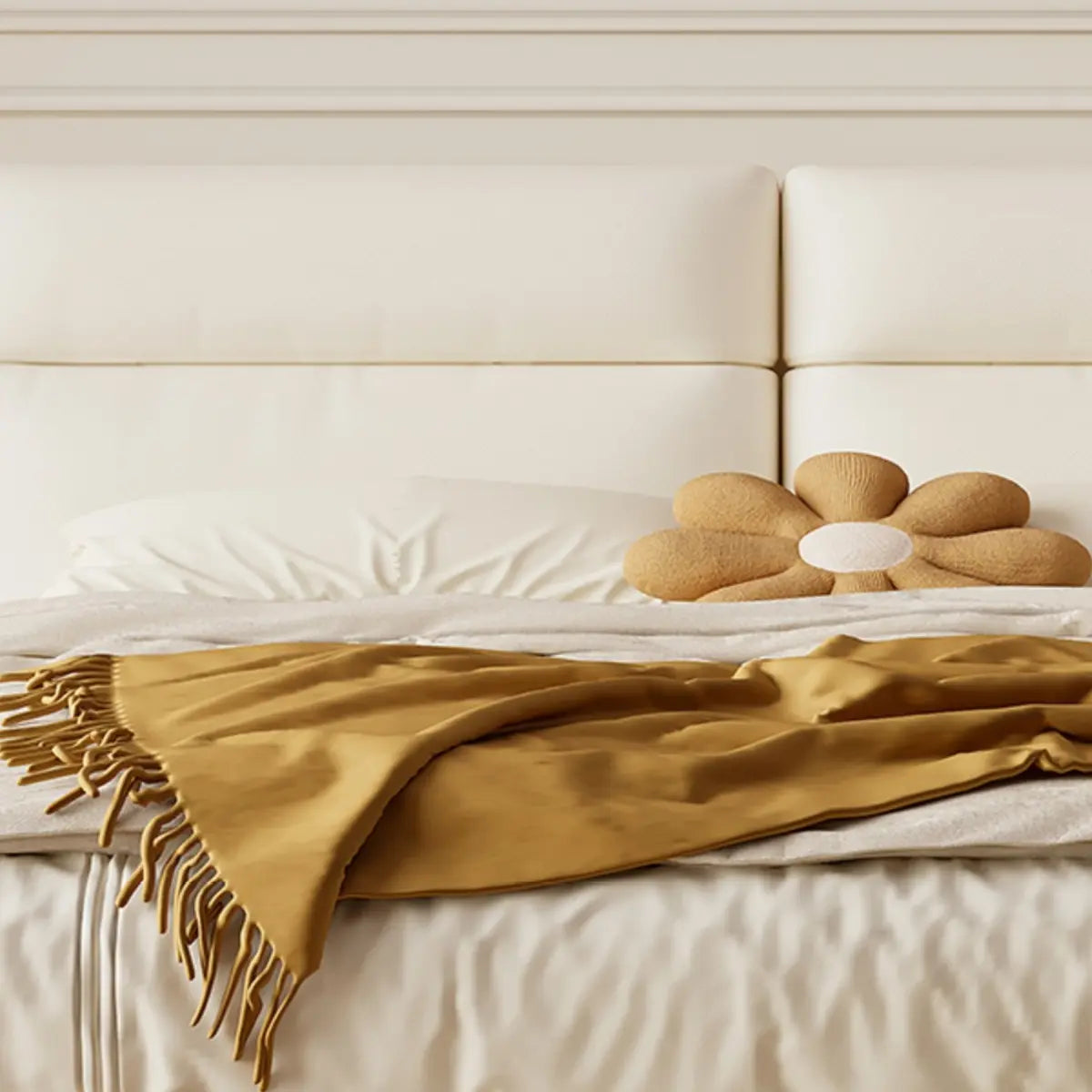 White Queen Modern Faux Leather Panel Bed with Headboard Image - 5