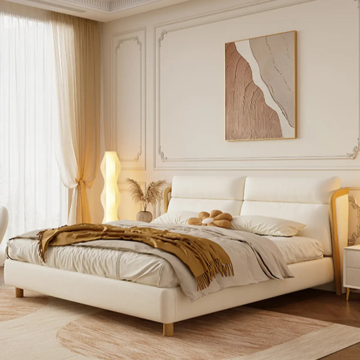 White Queen Modern Faux Leather Panel Bed with Headboard Image - 6