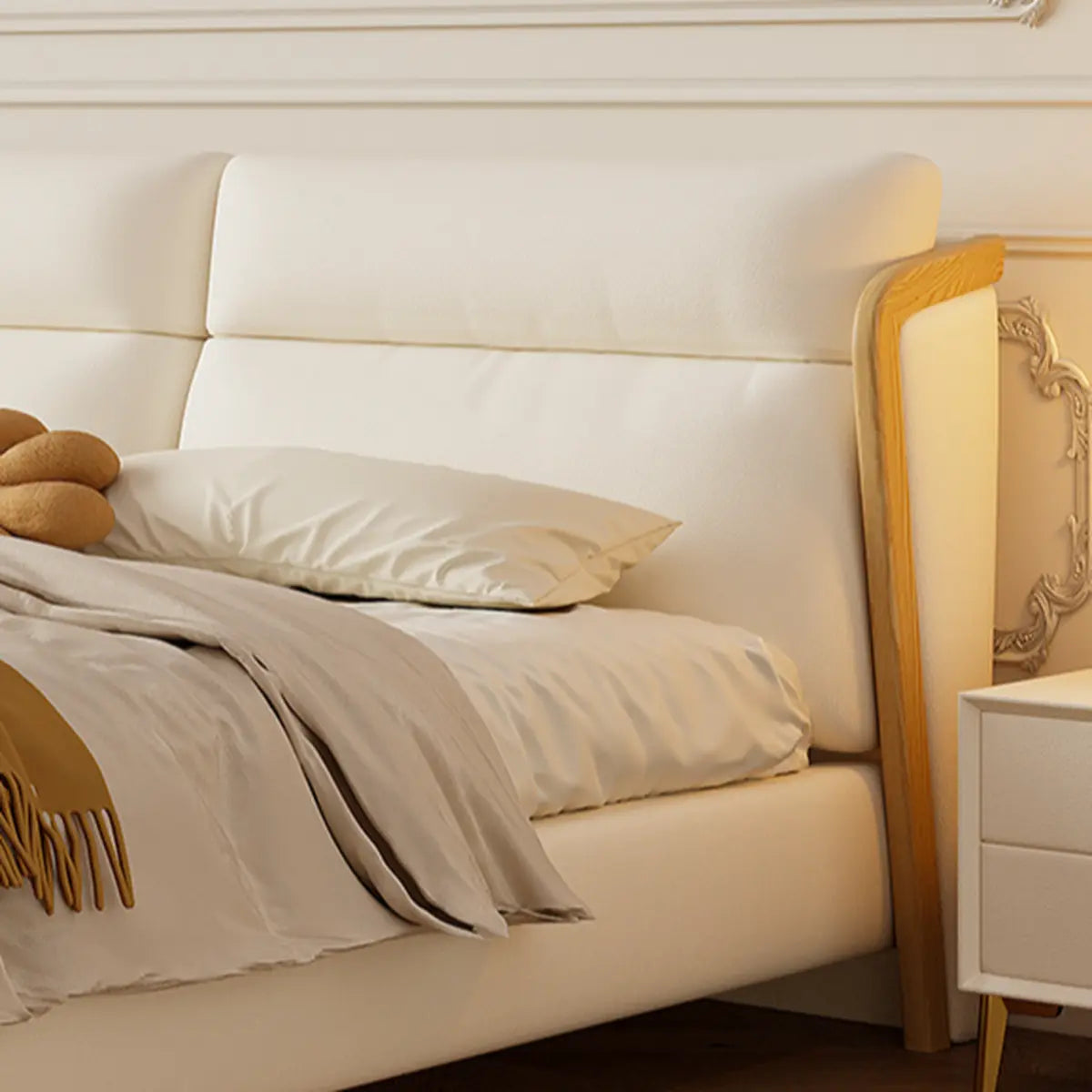 White Queen Modern Faux Leather Panel Bed with Headboard Image - 7