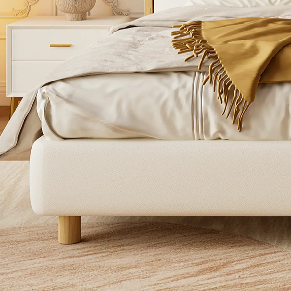 White Queen Modern Faux Leather Panel Bed with Headboard Image - 9