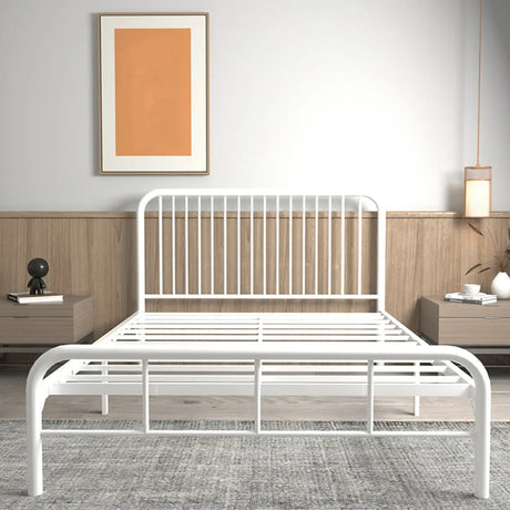 White Queen Modern Metal Slat Bed Frame with Headboard Image - 1