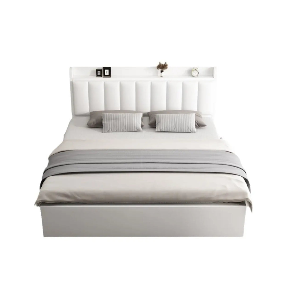 White Queen Panel Upholstered Storage Bed with Shelves Image - 1