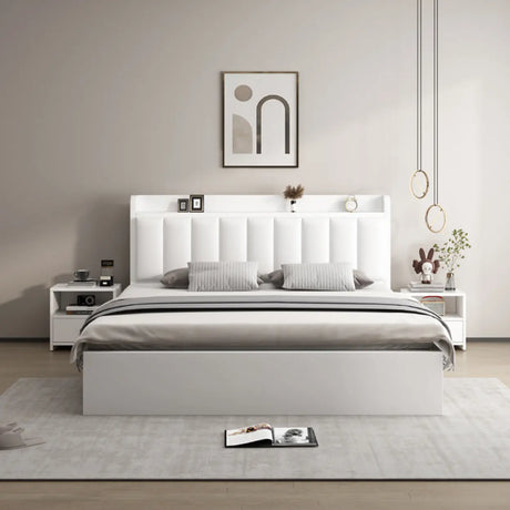 White Queen Panel Upholstered Storage Bed with Shelves Image - 2