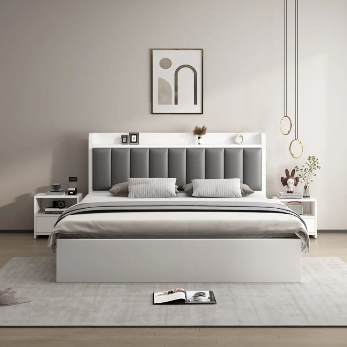 White Queen Panel Upholstered Storage Bed with Shelves Image - 3