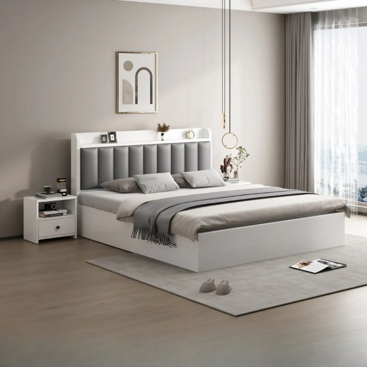 White Queen Panel Upholstered Storage Bed with Shelves Image - 4