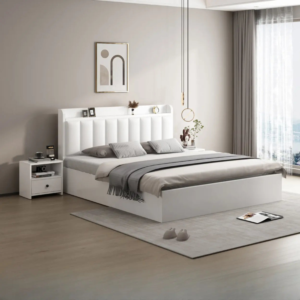 White Queen Panel Upholstered Storage Bed with Shelves Image - 5