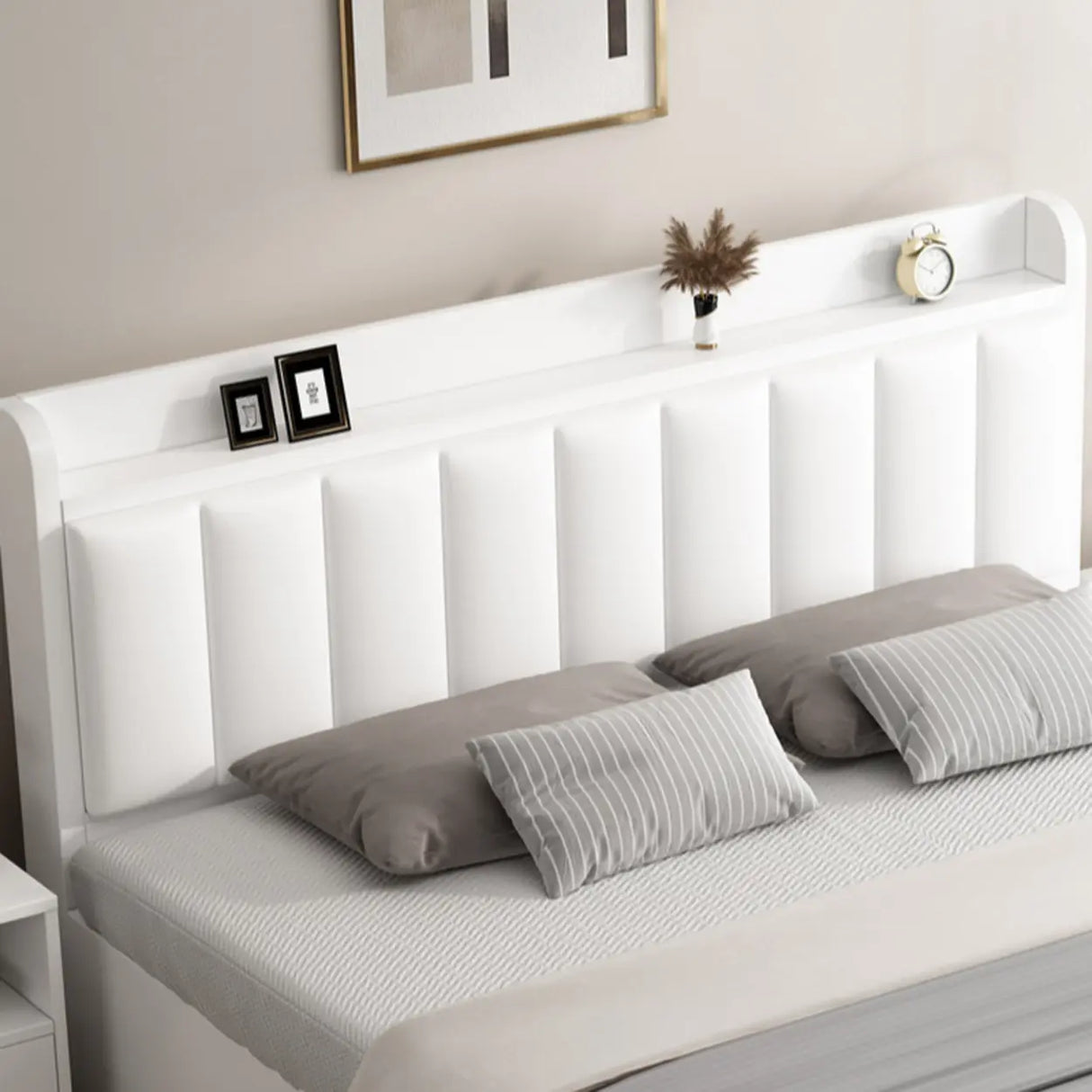 White Queen Panel Upholstered Storage Bed with Shelves Image - 7