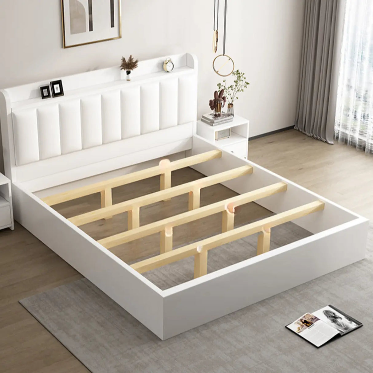 White Queen Panel Upholstered Storage Bed with Shelves Image - 8