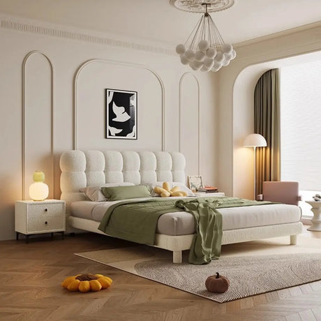 White Queen Platform Upholstered Solid Color Panel Bed Image - 1