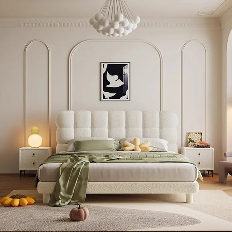 White Queen Platform Upholstered Solid Color Panel Bed Image - 2