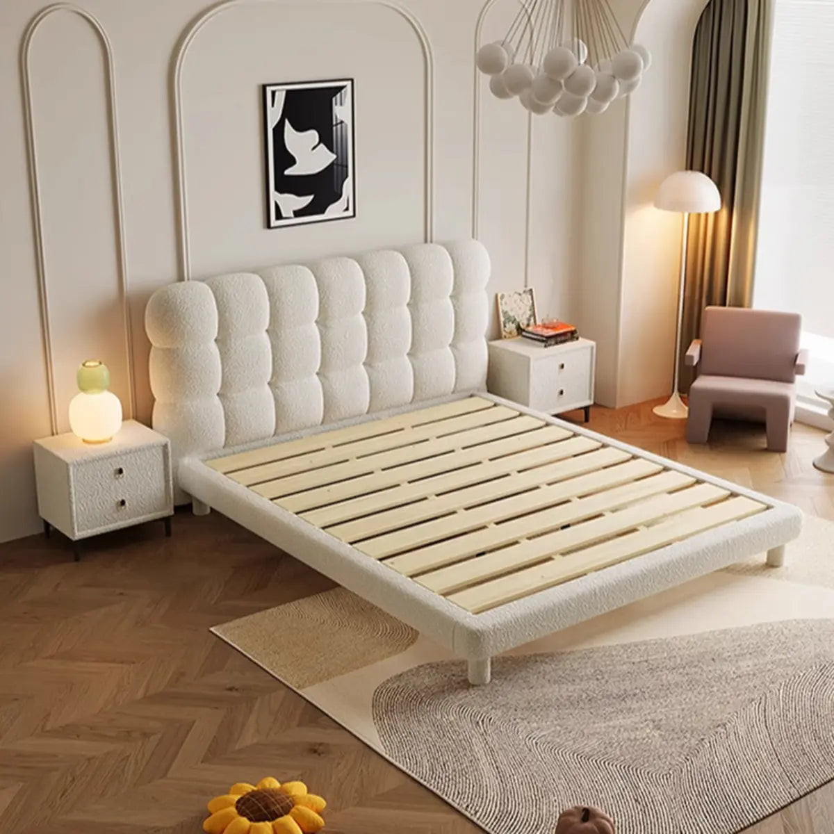 White Queen Platform Upholstered Solid Color Panel Bed Image - 3