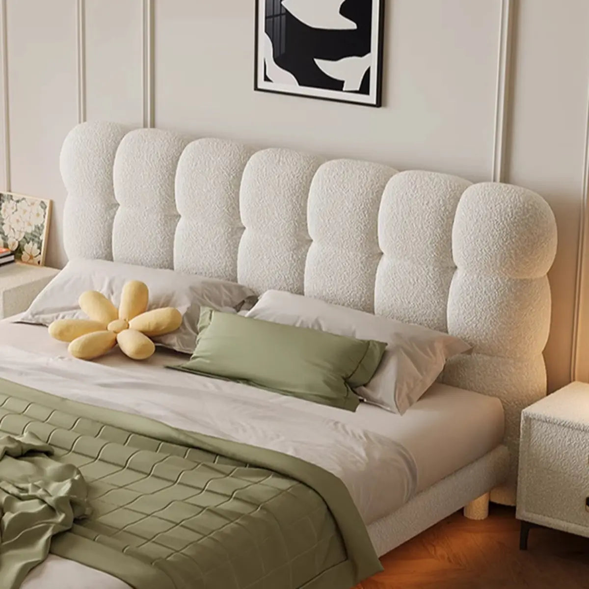 White Queen Platform Upholstered Solid Color Panel Bed Image - 6