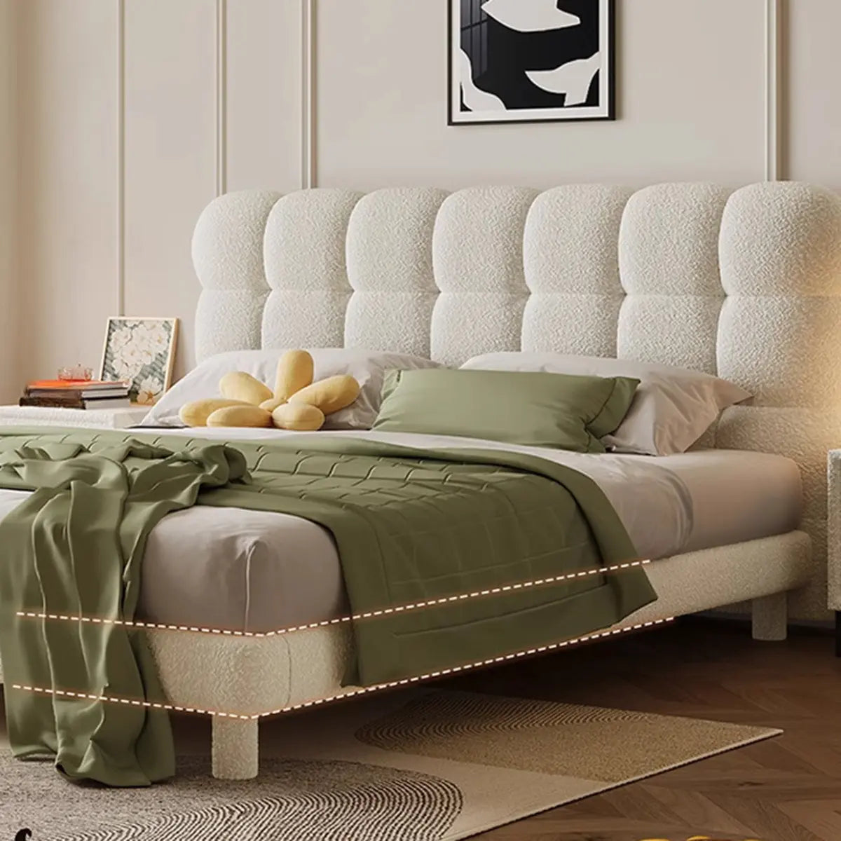 White Queen Platform Upholstered Solid Color Panel Bed Image - 7