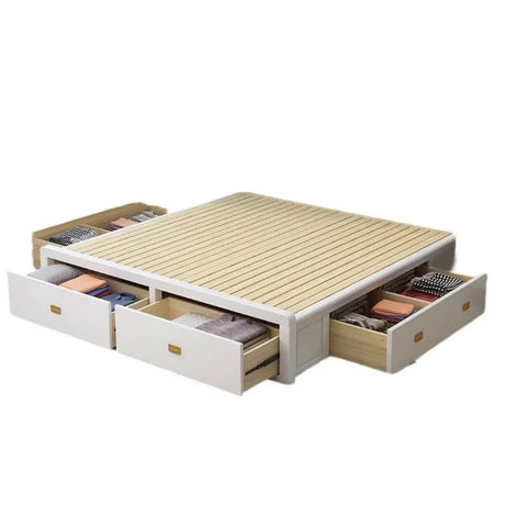 White Queen Platform Wood Storage Bed with Drawers Image - 1