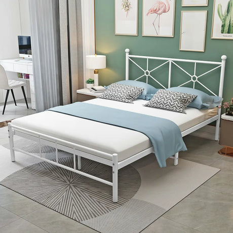 White Queen Rectangular Metal Frame Bed with Headboard Image - 1