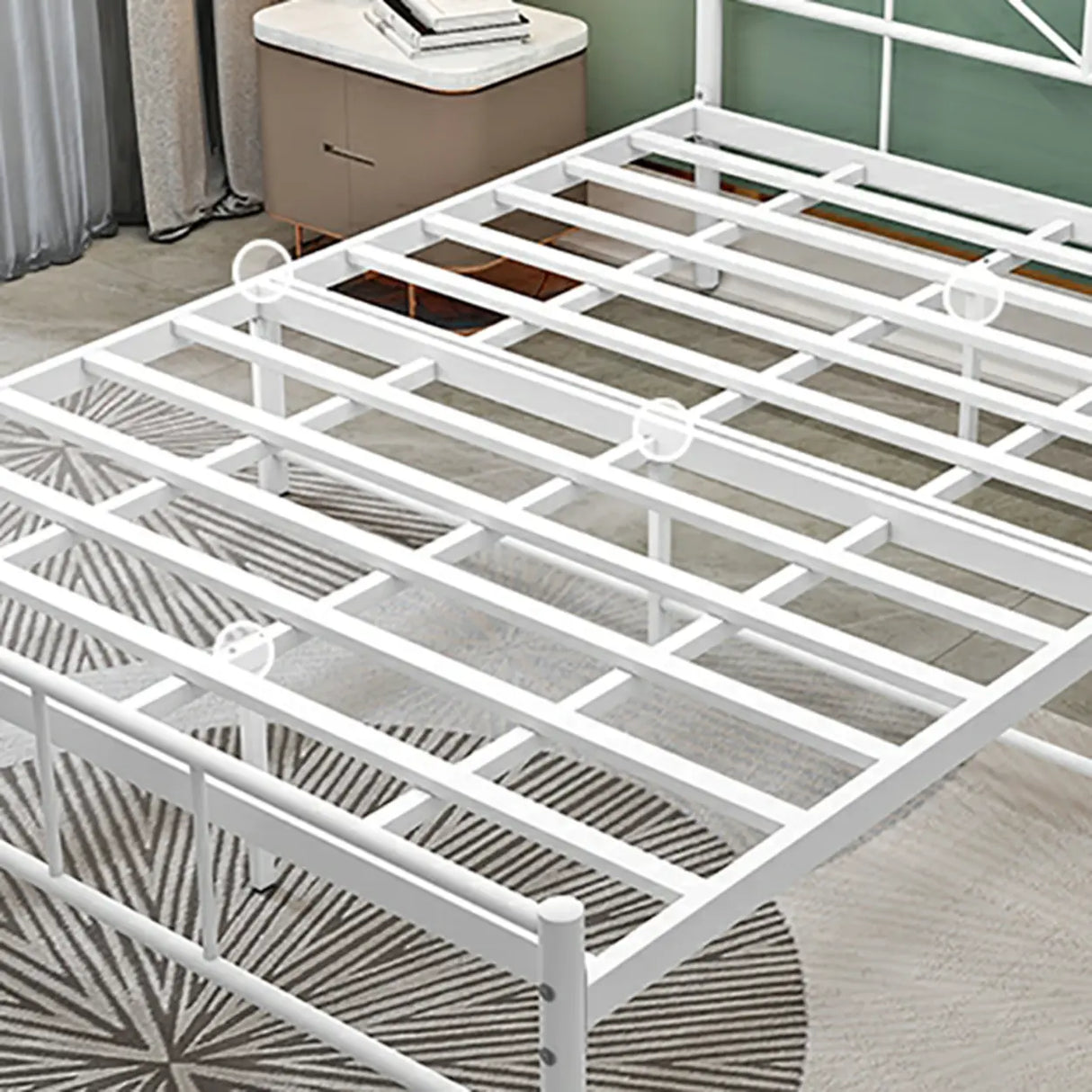 White Queen Rectangular Metal Frame Bed with Headboard Image - 9