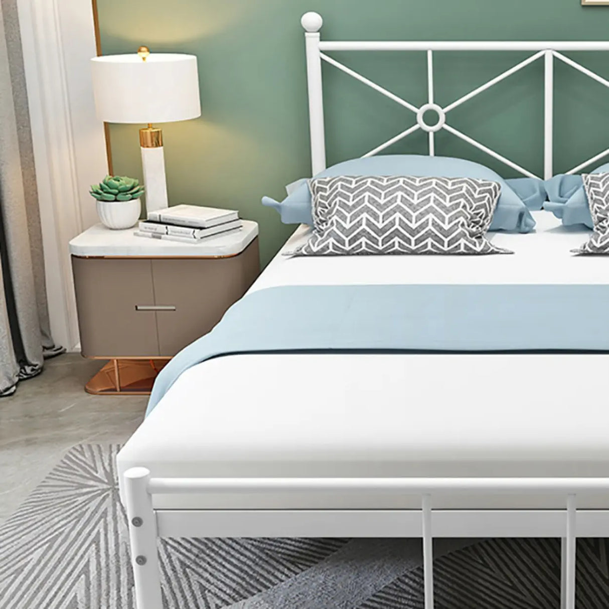 White Queen Rectangular Metal Frame Bed with Headboard Image - 11