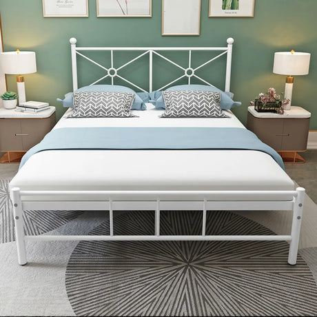 White Queen Rectangular Metal Frame Bed with Headboard Image - 4