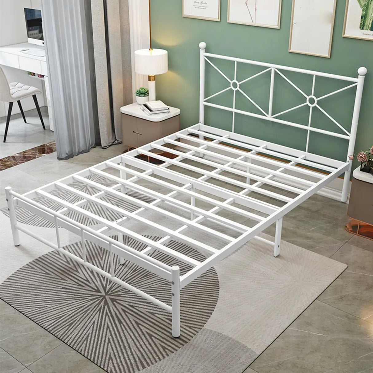 White Queen Rectangular Metal Frame Bed with Headboard Image - 5