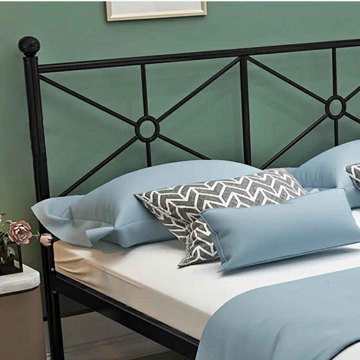 White Queen Rectangular Metal Frame Bed with Headboard Image - 8