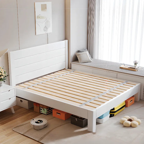 White Queen Rectangular Timber Headboard Panel Bed Image - 1