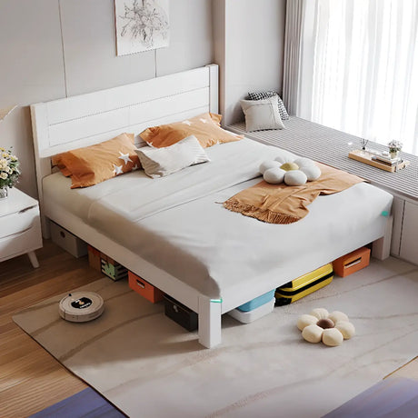 White Queen Rectangular Timber Headboard Panel Bed Image - 4