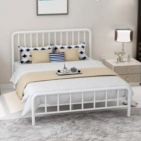 White Queen Solid Color Metal Modern Panel Bed Frame Image - 1