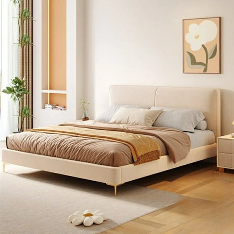 White Queen Stylish Headboard Fabric Panel Bed Frame Image - 1