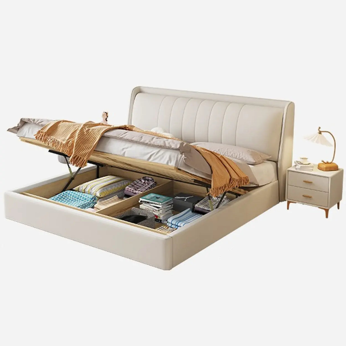 White Queen Upholstered Leather Comfort Storage Bed Image - 6