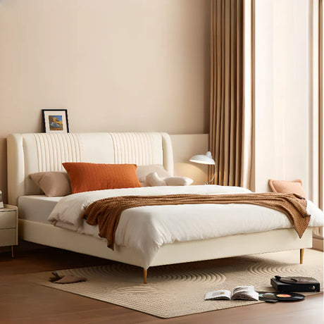 White Queen Upholstered Leather Slat Bed with Headboard Image - 1