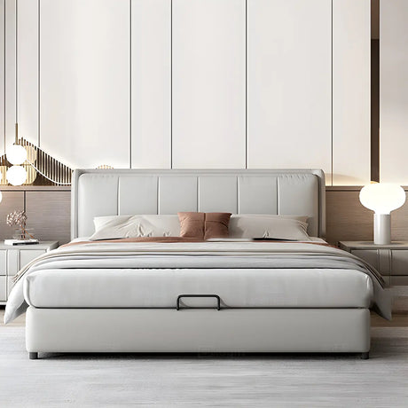 White Queen Wood Upholstered Wingback Bed with Storage Image - 1