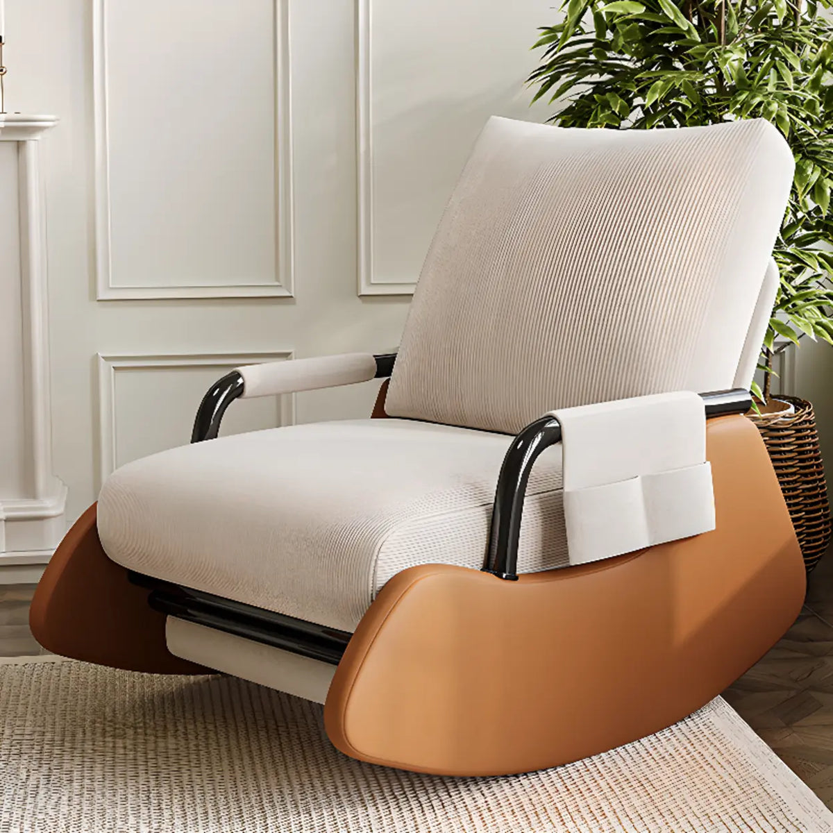 White Recessed Arm Brown Wood Leg Rocking Chair – Homebaa