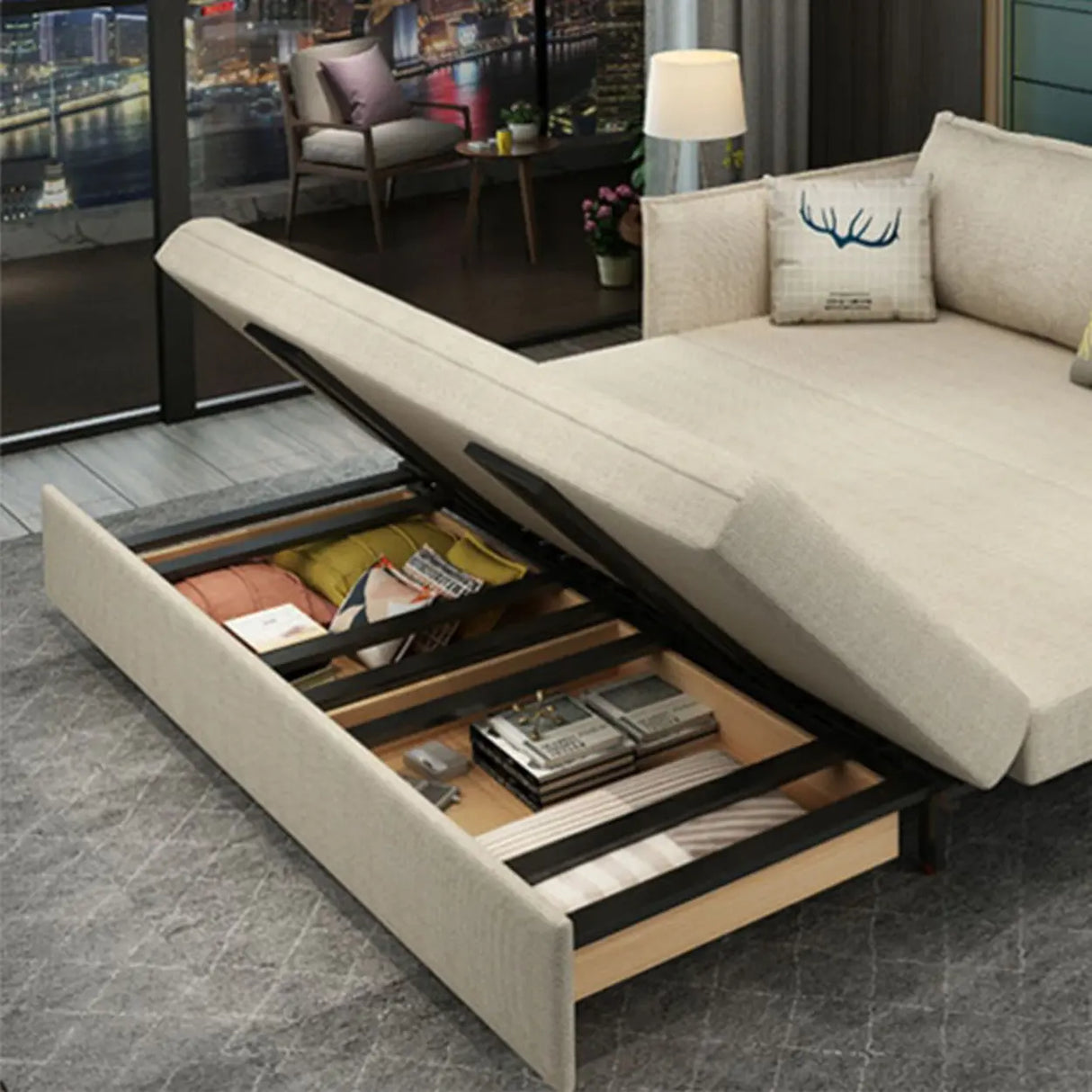 White Recessed Arm Sleeper Sofa Bed with Slipcover Image - 7
