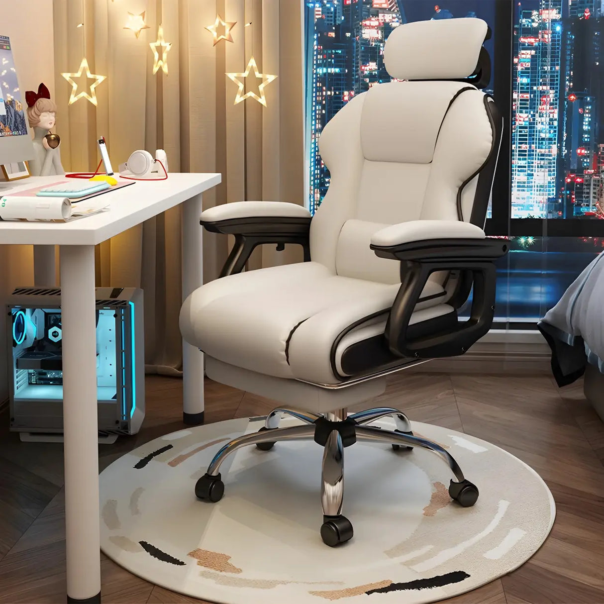 White Recliner Ergonomic Leather High-Back Gaming Chair Image - 1