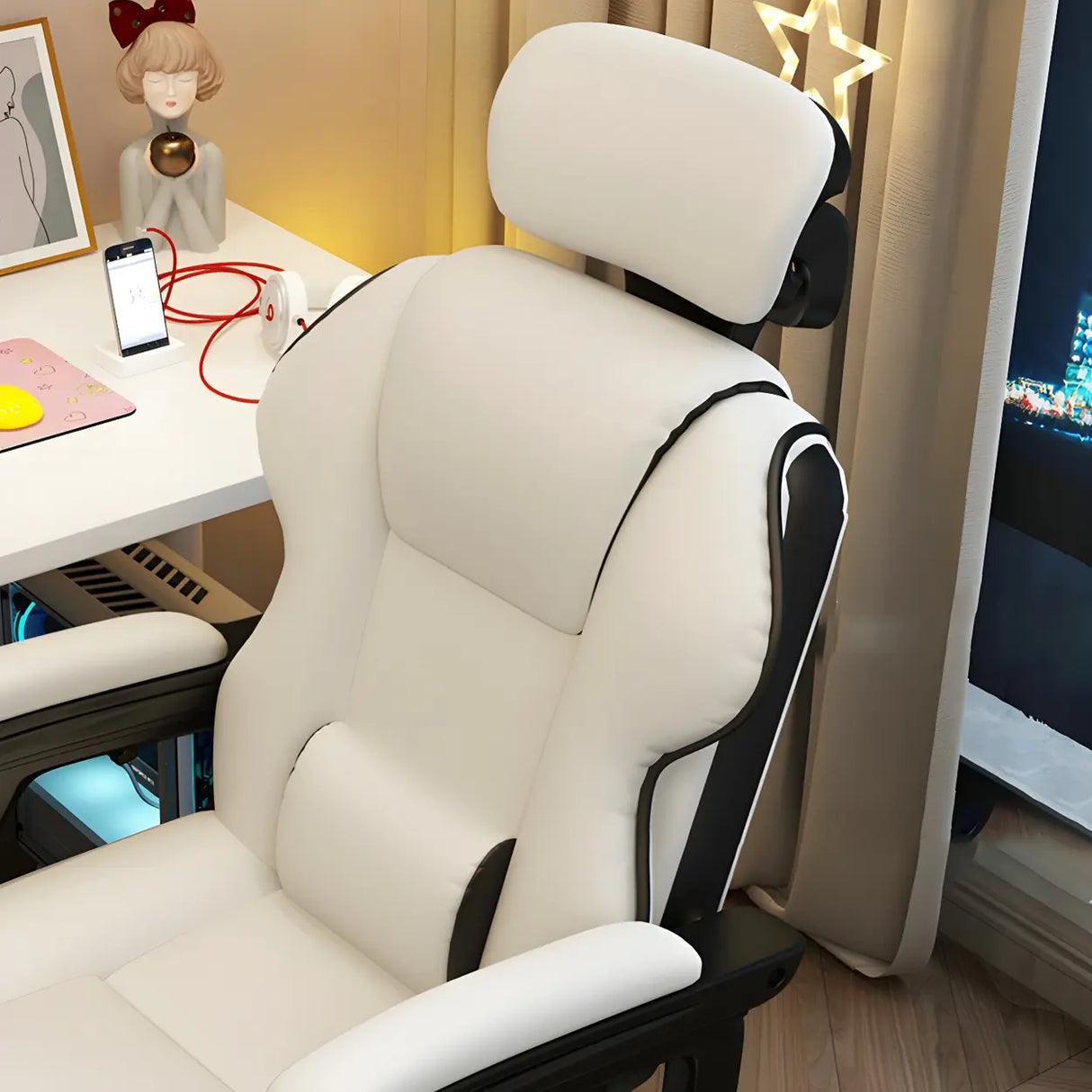 White Recliner Ergonomic Leather High-Back Gaming Chair Image - 11