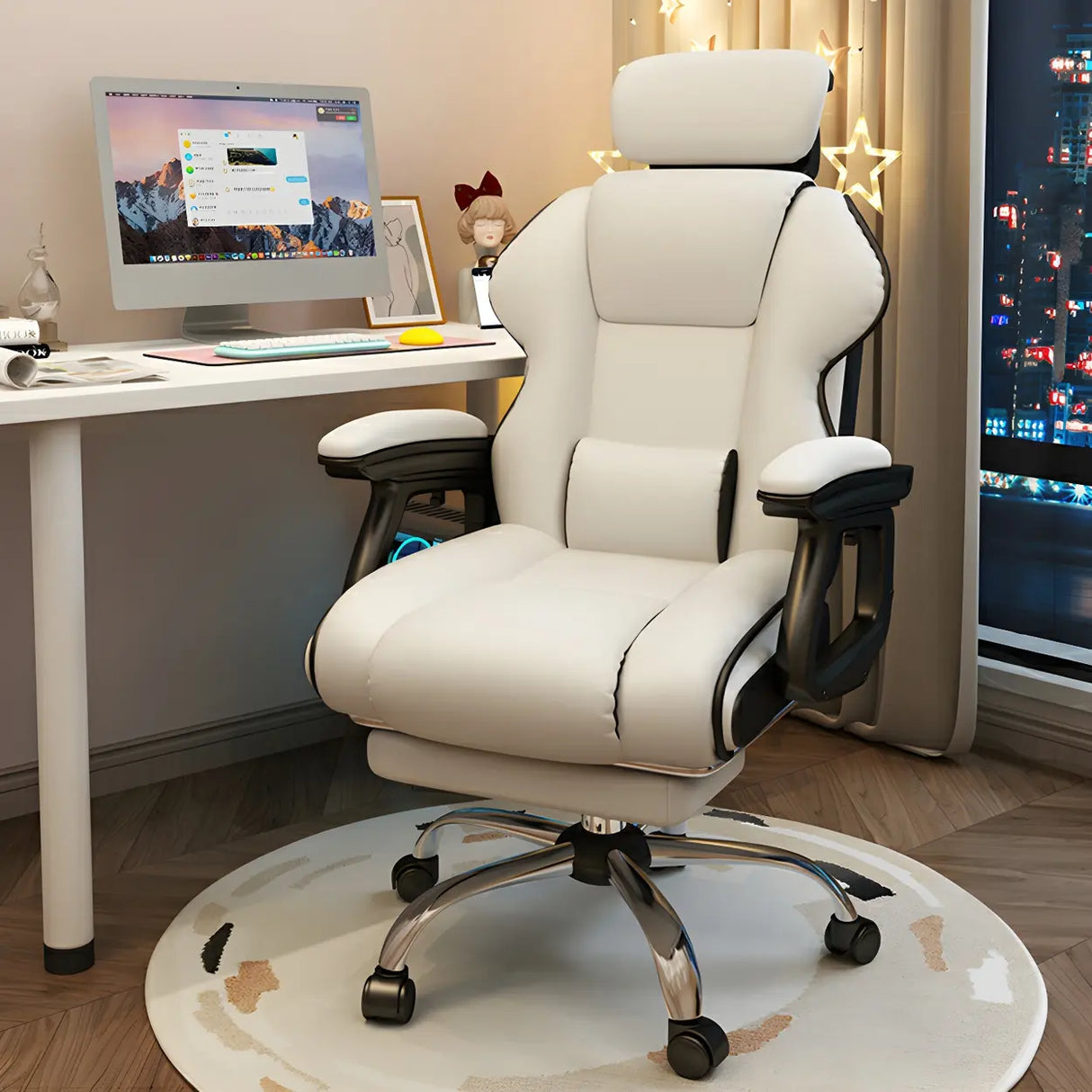White Recliner Ergonomic Leather High-Back Gaming Chair Image - 17