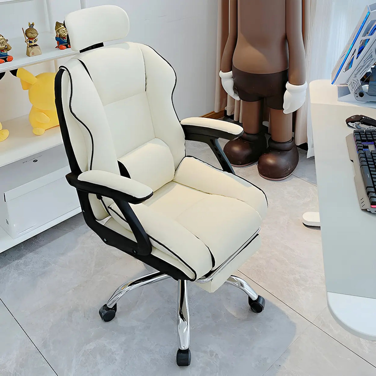 White Recliner Ergonomic Leather High-Back Gaming Chair Image - 19