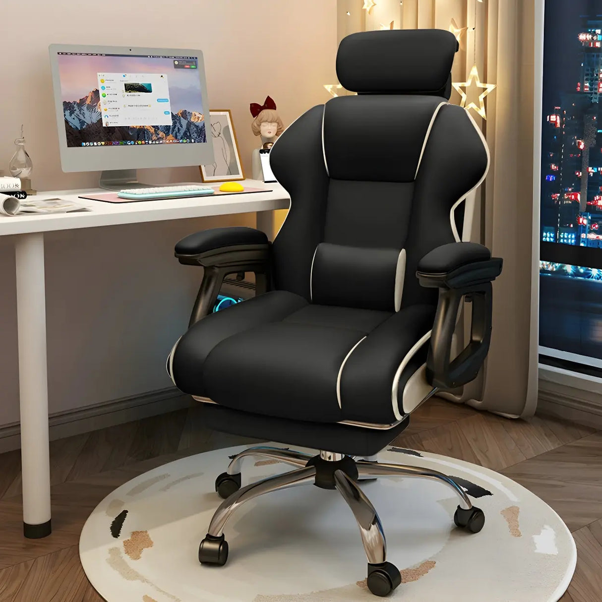 White Recliner Ergonomic Leather High-Back Gaming Chair Image - 2