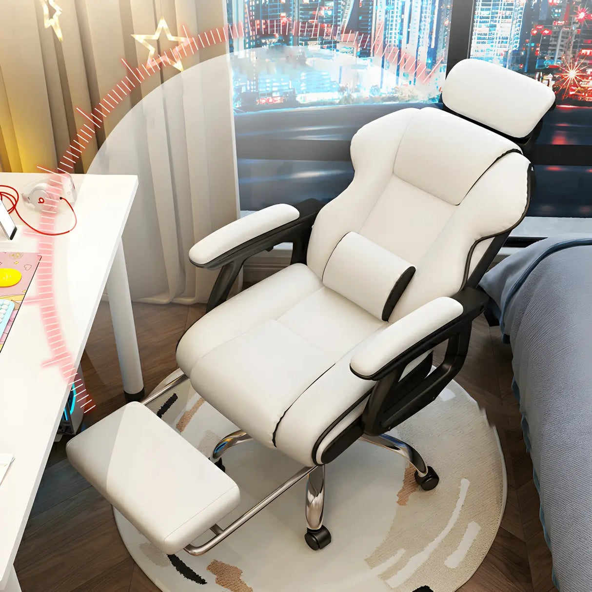 White Recliner Ergonomic Leather High-Back Gaming Chair Image - 3