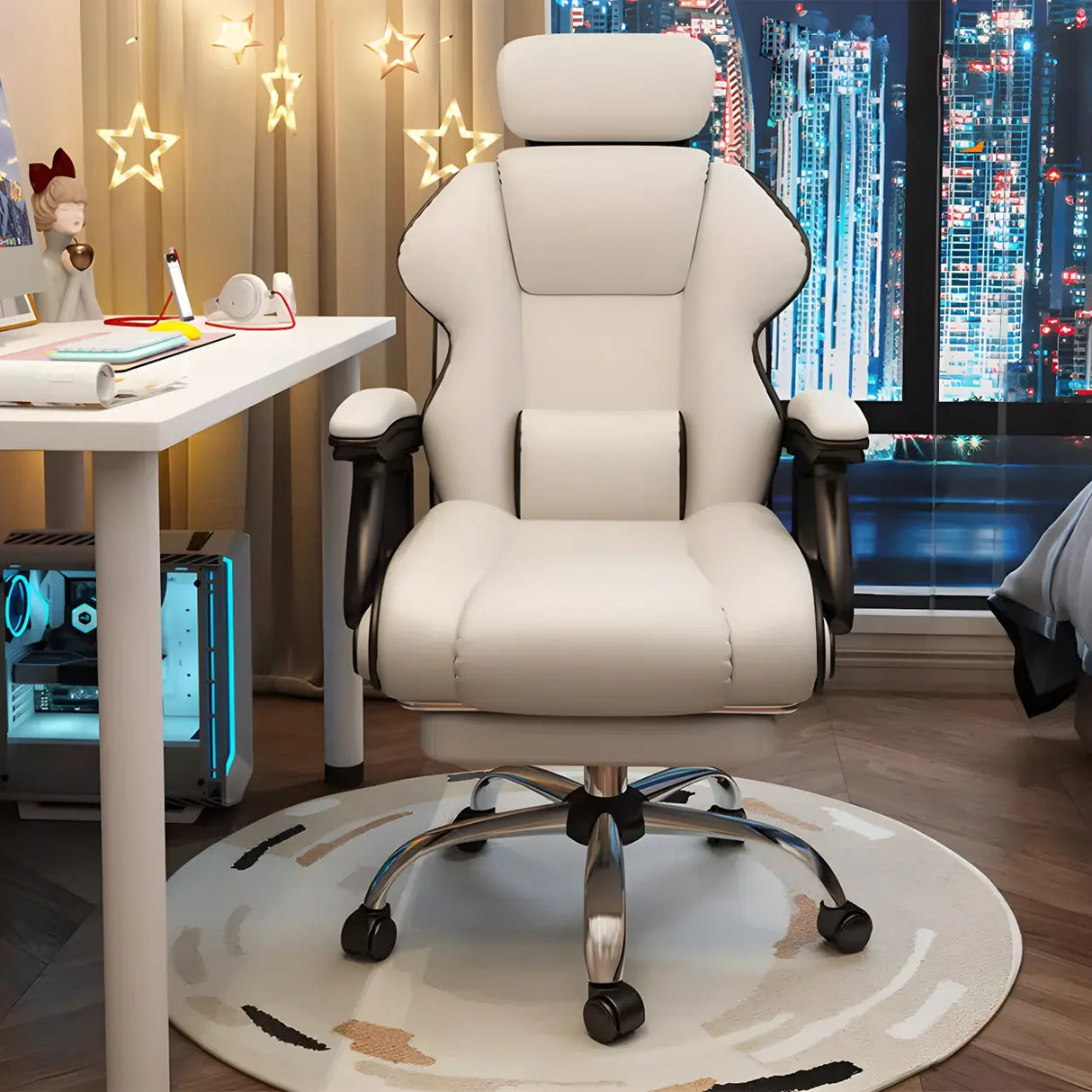 White Recliner Ergonomic Leather High-Back Gaming Chair Image - 5